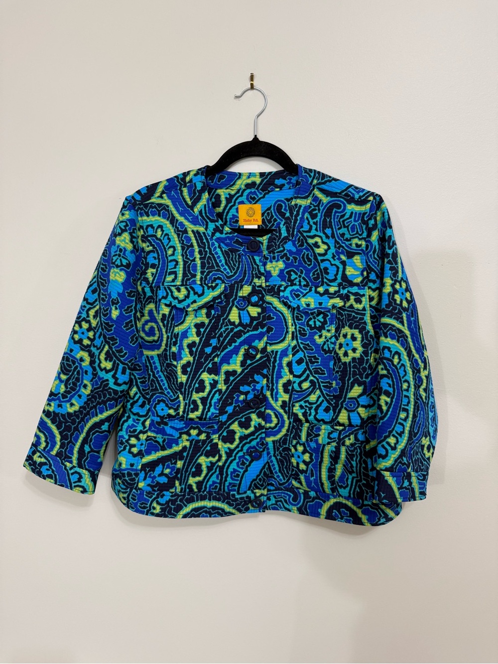 Ruby Rd Womens Quilted Jacket Sz 12 Blue Green Abstract Print Lightweight EUC